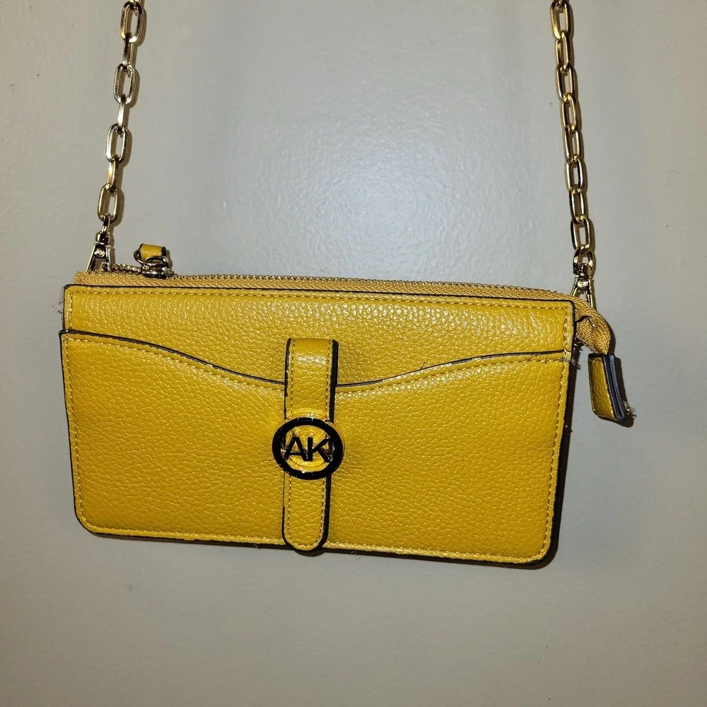 Anne Klein AK Yellow Wallet On Chain Crossbody‎ Purse Mustard Zip Top Gold Tone